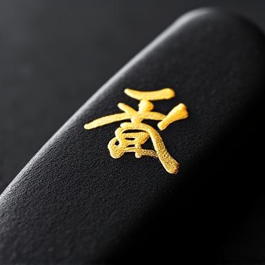 A solid black Nara inkstick ('sumi') with elegant gold kanji engraved on it.