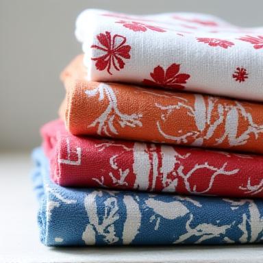 A stack of organic cotton tenugui towels in various traditional Japanese patterns.