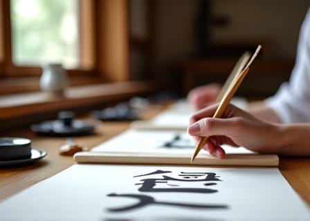 A person practicing basic calligraphy strokes in a bright, calm workshop setting.